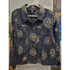 Mandarin Blue Women's Embroidered Black Linen Jacket 1X Button-Up Boho Artsy